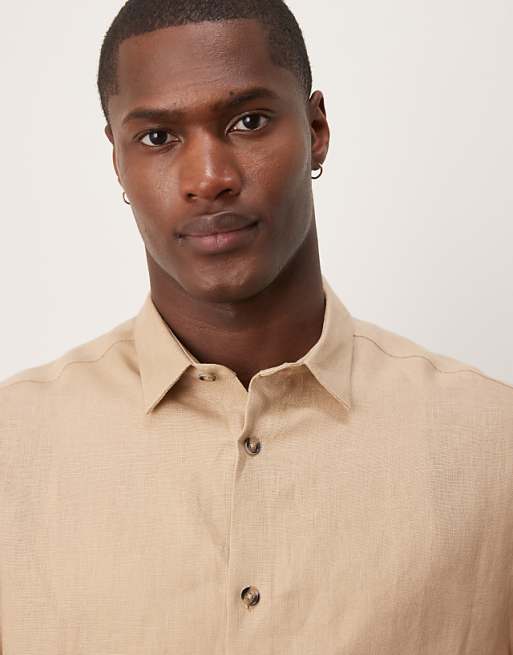 DESIGN 100% Linen Boxy Regular Shirt In Sand