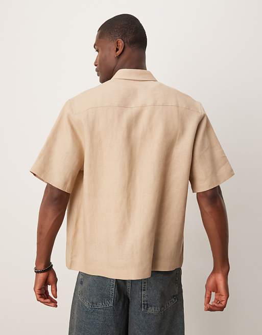 DESIGN 100% Linen Boxy Regular Shirt In Sand