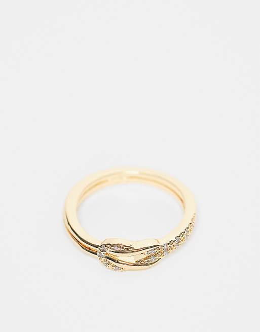 DESIGN 14k gold plate band ring with knot detail and cubic zirconia stones in gold tone with gift bag