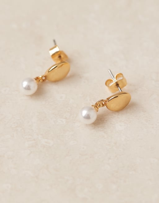 DESIGN 14k Gold Plated Earrings With Drop Faux Pearl Detail In Gold Tone