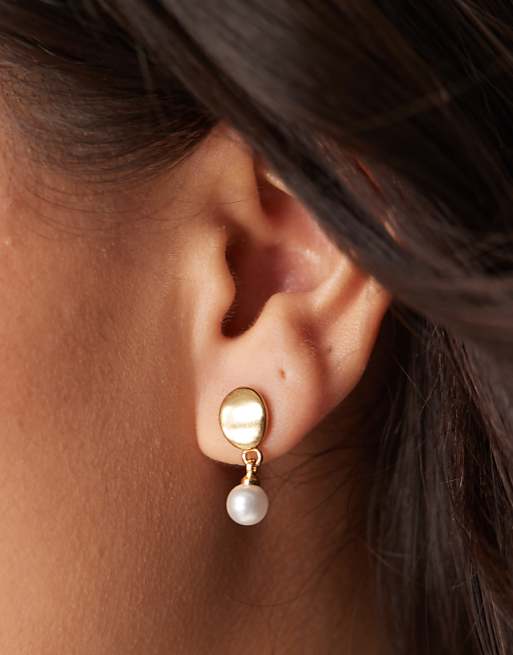 DESIGN 14k gold plated earrings with drop faux pearl detail in gold tone