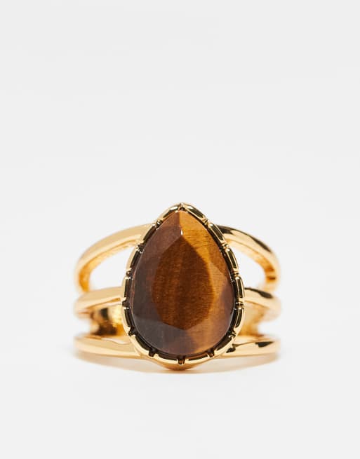 DESIGN 14k Gold Plated Ring With Real Tigers Eye Semi Precious Stone