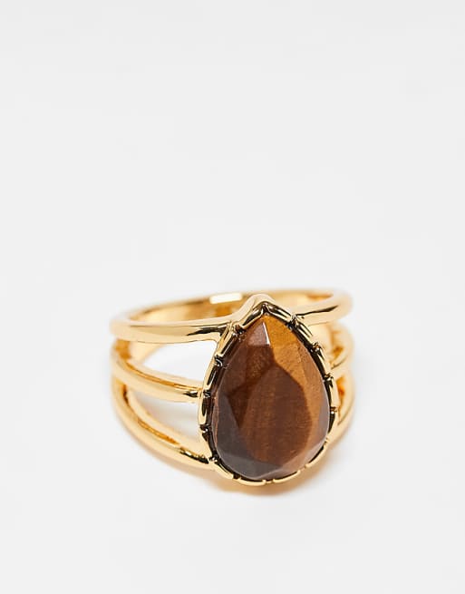 DESIGN 14k gold plated ring with real tigers eye semi precious stone