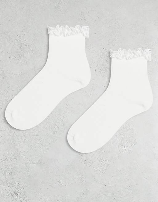 DESIGN 2 Pack Frill Top Ankle Socks In White