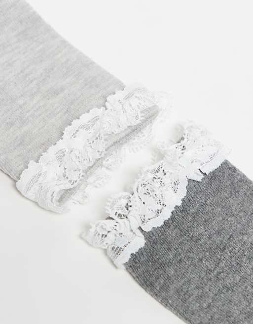 DESIGN 2 Pack Lace Frill Top Ankle Socks In Grey Marl