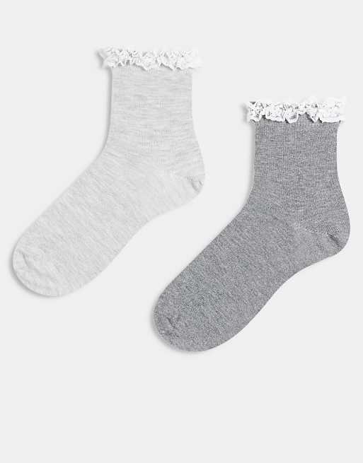 DESIGN 2 pack lace frill top ankle socks in grey marl