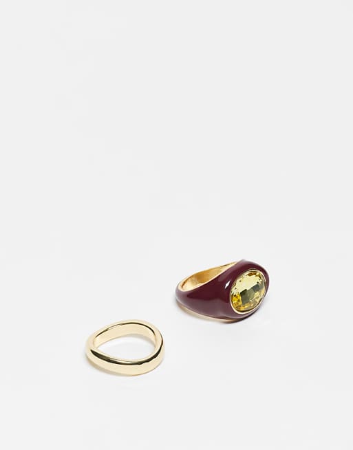 DESIGN 2 pack of rings with acrylic covered ring with coloured faux crystal in burgundy
