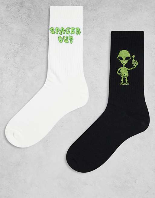 DESIGN 2 pack socks with alien graphic in multi