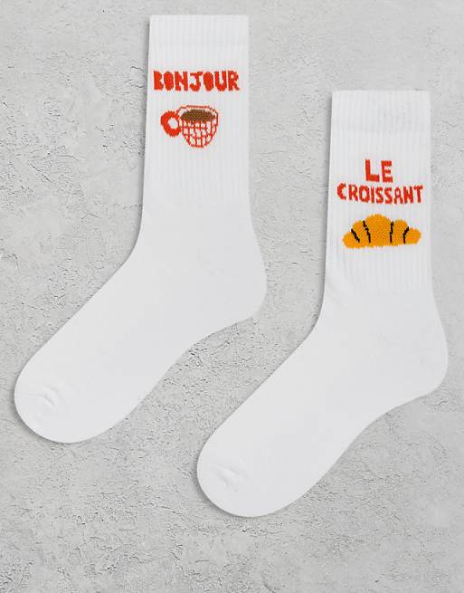 DESIGN 2 pack socks with breakfast graphic in white