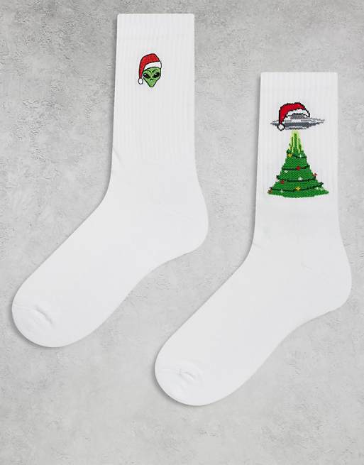 DESIGN 2 pack socks with Christmas space graphic in white