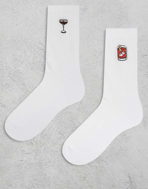 DESIGN 2 pack socks with embroidery cocktails in white