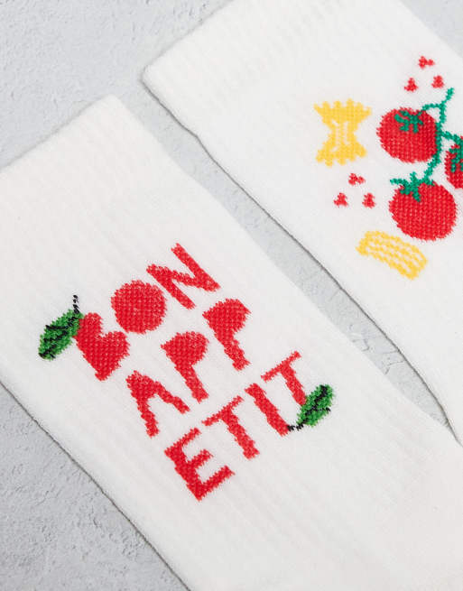 DESIGN 2 Pack Socks With Food Graphic On White - CREAM