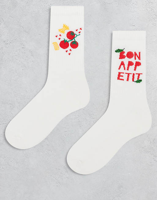 DESIGN 2 pack socks with food graphic on white - CREAM