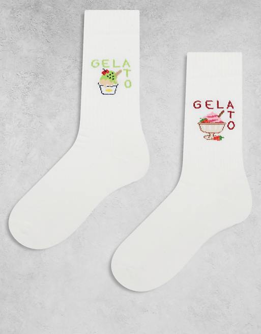 DESIGN 2 pack socks with ice cream graphic in white - CREAM