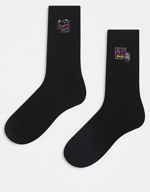 DESIGN 2 pack socks with neon sign embroidery socks in white