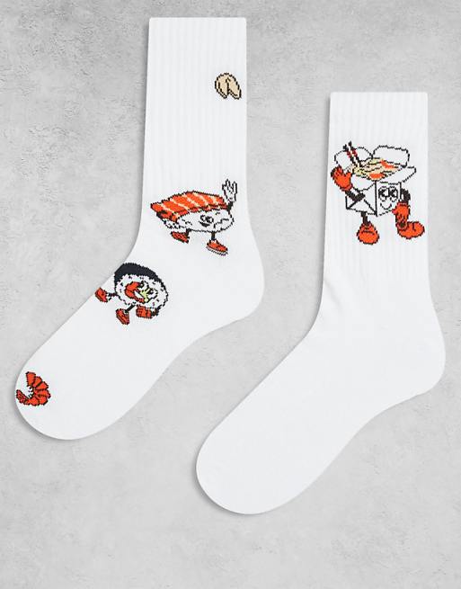 DESIGN 2 pack socks with sushi food graphic in white