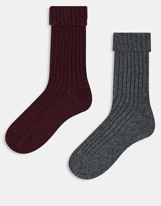 DESIGN 2 pack wool boot ankle socks in burgundy and charcoal grey