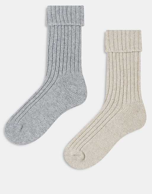 DESIGN 2 Pack Wool Boot Ankle Socks In Light Grey And Oatmeal