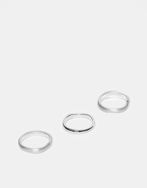 DESIGN 3 pack mixed brushed and polished molten rings in silver tone