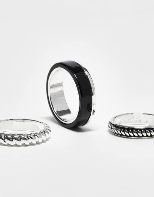 DESIGN 3 Pack Rings With Black Enamel And Texture In Silver Tone