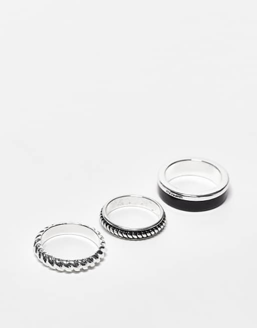 DESIGN 3 pack rings with black enamel and texture in silver tone