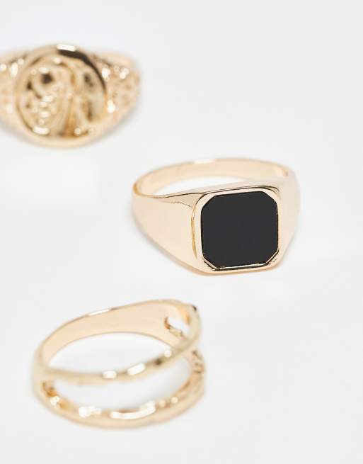 DESIGN 3 Pack Signet Ring With Black Stone In Gold Tone
