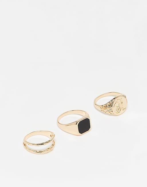 DESIGN 3 pack signet ring with black stone in gold tone
