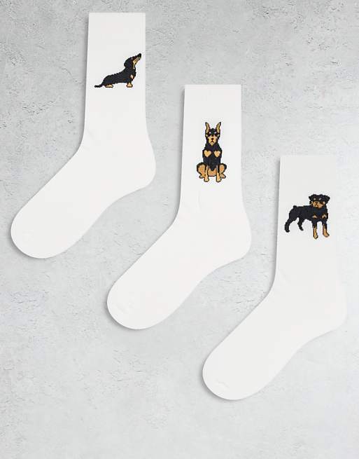 DESIGN 3 pack socks with dog graphic in white