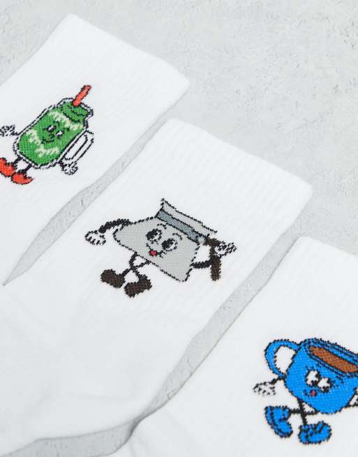 DESIGN 3 Pack Socks With Matcha Characters Graphic In White