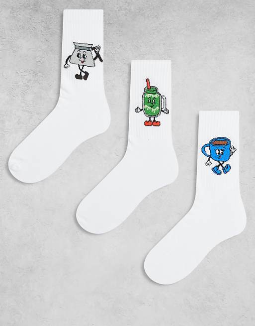 DESIGN 3 pack socks with matcha characters graphic in white