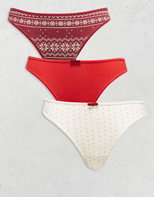 DESIGN 3 pack thong in burgundy fairlise print red rib and cream polka dot with velvet trims