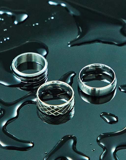 DESIGN 3 pack waterproof stainless steel band ring set in silver tone