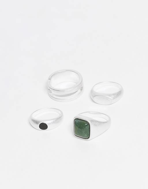 DESIGN 4 Pack Chunky Style Rings With Semi-precious Moss And Black Agate Stones In Brushed Silver Tone