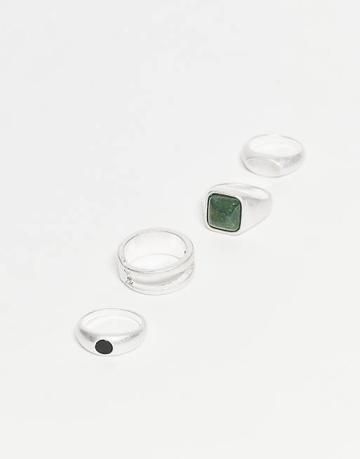 DESIGN 4 pack chunky style rings with semi-precious moss and black agate stones in brushed silver tone