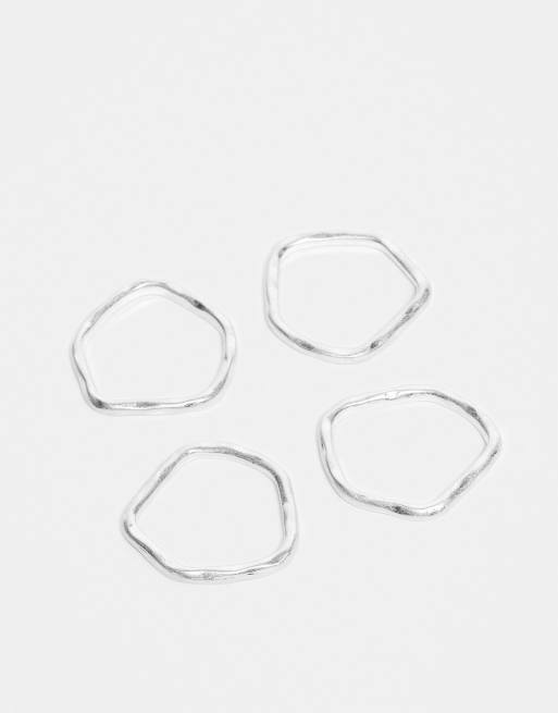 DESIGN 4 Pack Molten Plain Band Rings In Worn Silver Tone