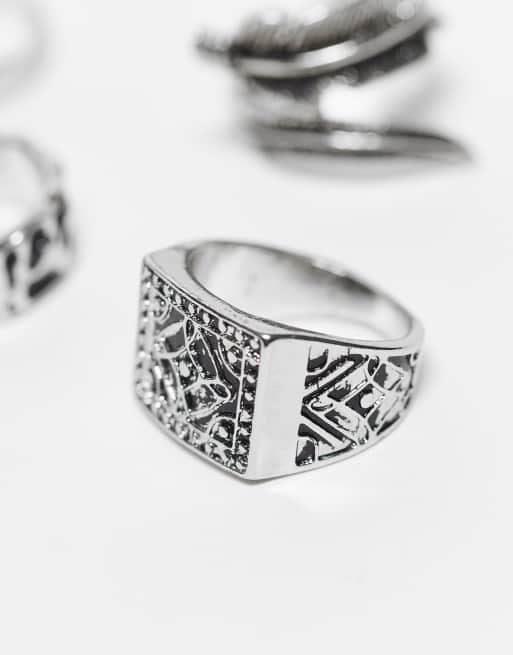 DESIGN 4 Pack Wrap Around Feather And Stone Signet In Silver Tone