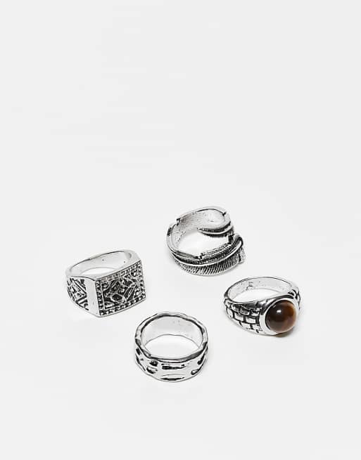 DESIGN 4 pack wrap around feather and stone signet in silver tone