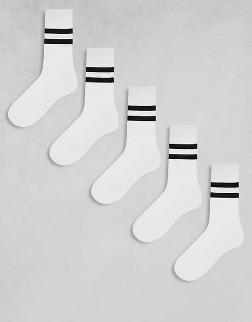 DESIGN 5 pack sport socks in white with black stripe - WHITE