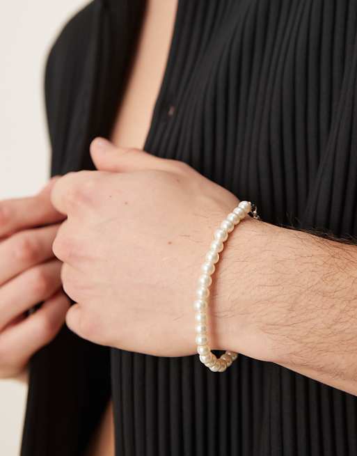 DESIGN 6mm glass faux pearl beaded bracelet in white