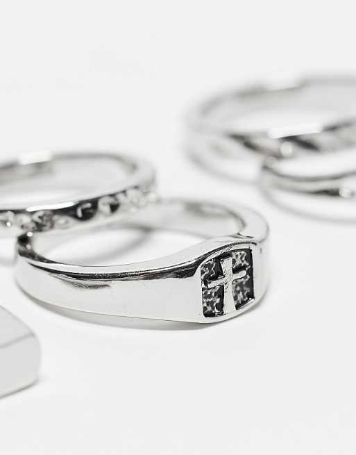 DESIGN 7 Pack Cross Detail Band Ring Set In Silver - SILVER
