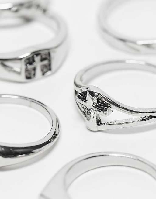 DESIGN 7 Pack Cross Detail Band Ring Set In Silver - SILVER
