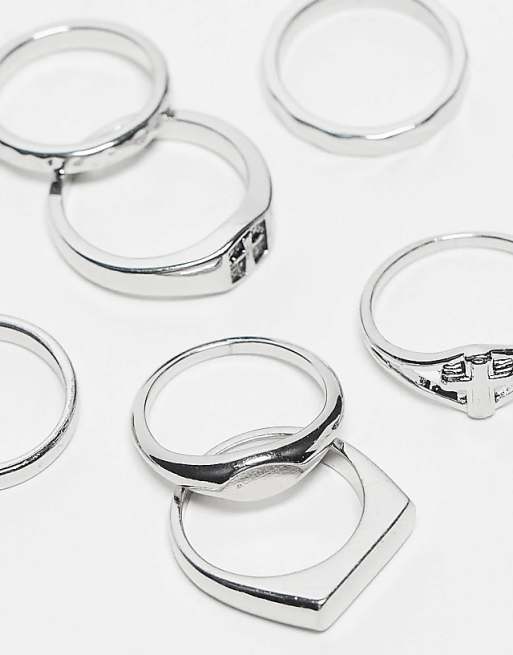 DESIGN 7 Pack Cross Detail Band Ring Set In Silver - SILVER