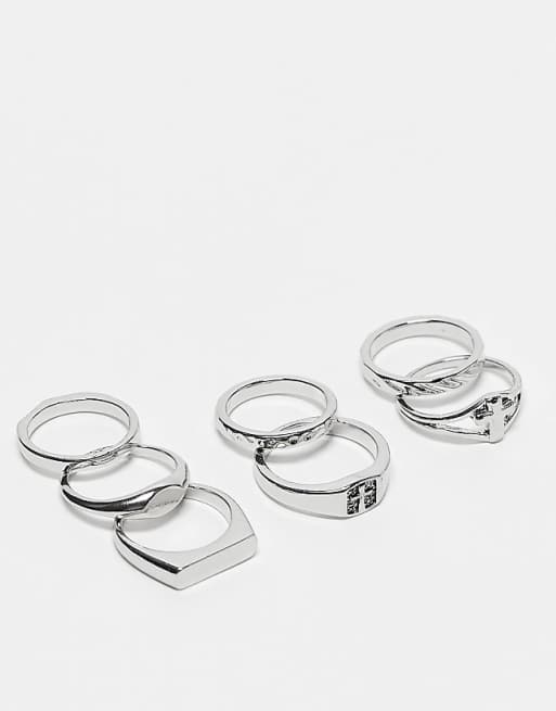 DESIGN 7 pack cross detail band ring set in silver - SILVER