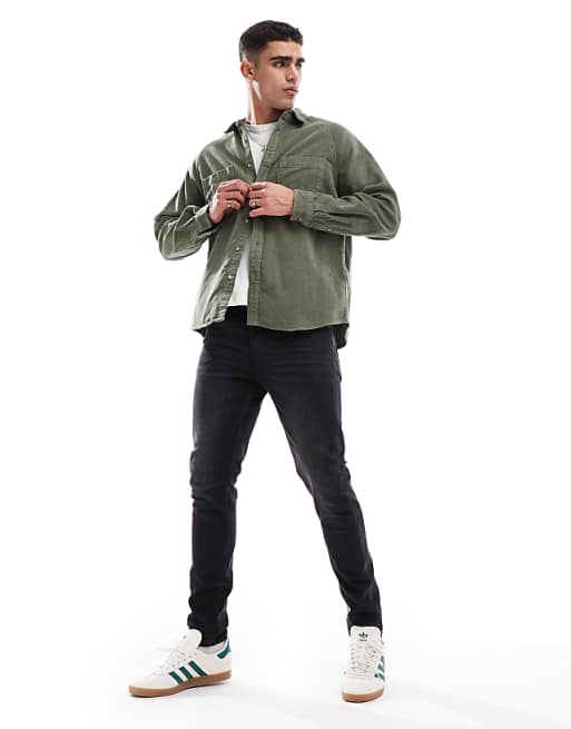 DESIGN 90's Oversized Cord Shirt With Square Collar In Khaki