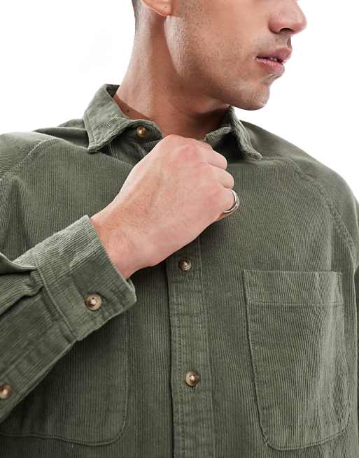 DESIGN 90's Oversized Cord Shirt With Square Collar In Khaki