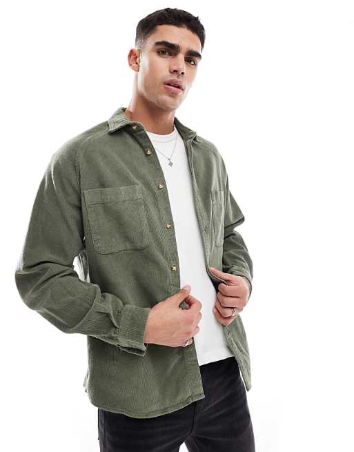 DESIGN 90's oversized cord shirt with square collar in khaki