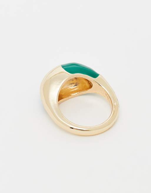 DESIGN Abstract Green Enamel Ring In Worn Gold Tone
