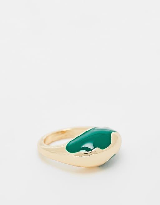 DESIGN abstract green enamel ring in worn gold tone