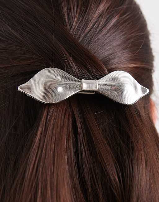DESIGN Abstract Hair Bow Barrette Clip In Silver Tone
