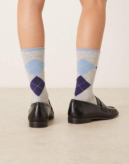 DESIGN Argyle Navy And Blue Check Socks In Grey Marl